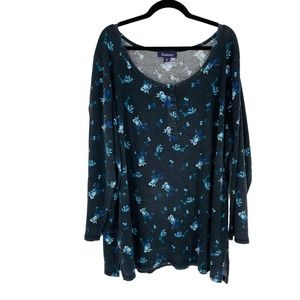 Roaman's 26/28 Waffle Knit Long Sleeve Scoop Neck Henley Black Blue Floral Top